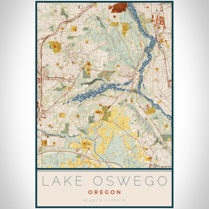 Lake Oswego Oregon Map Print Portrait Orientation in Woodblock Style With Shaded Background