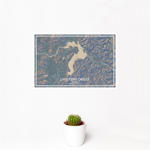 12x18 Lake Pend Oreille Idaho Map Print Landscape Orientation in Afternoon Style With Small Cactus Plant in White Planter
