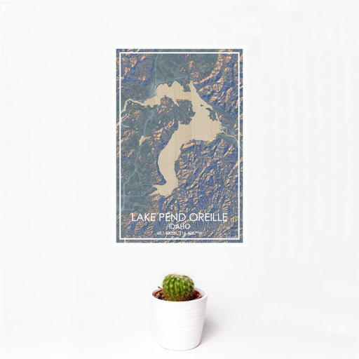 12x18 Lake Pend Oreille Idaho Map Print Portrait Orientation in Afternoon Style With Small Cactus Plant in White Planter