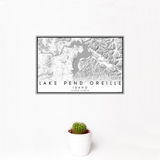 12x18 Lake Pend Oreille Idaho Map Print Landscape Orientation in Classic Style With Small Cactus Plant in White Planter