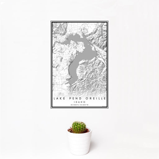 12x18 Lake Pend Oreille Idaho Map Print Portrait Orientation in Classic Style With Small Cactus Plant in White Planter