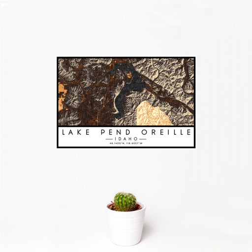 12x18 Lake Pend Oreille Idaho Map Print Landscape Orientation in Ember Style With Small Cactus Plant in White Planter