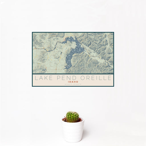 12x18 Lake Pend Oreille Idaho Map Print Landscape Orientation in Woodblock Style With Small Cactus Plant in White Planter