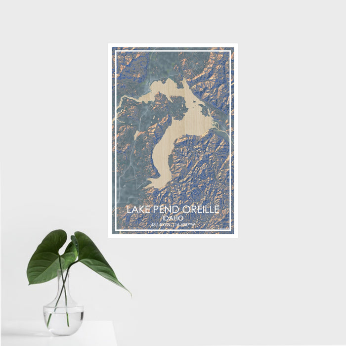 16x24 Lake Pend Oreille Idaho Map Print Portrait Orientation in Afternoon Style With Tropical Plant Leaves in Water