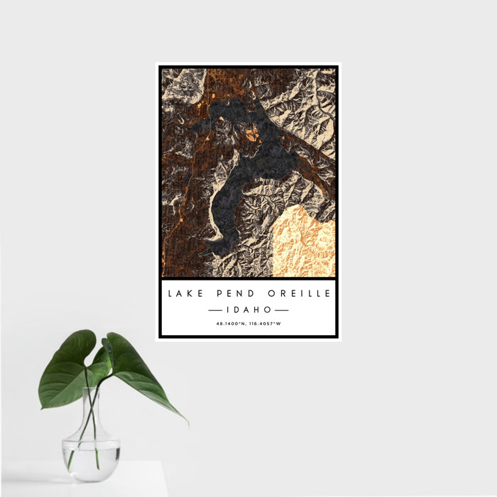16x24 Lake Pend Oreille Idaho Map Print Portrait Orientation in Ember Style With Tropical Plant Leaves in Water