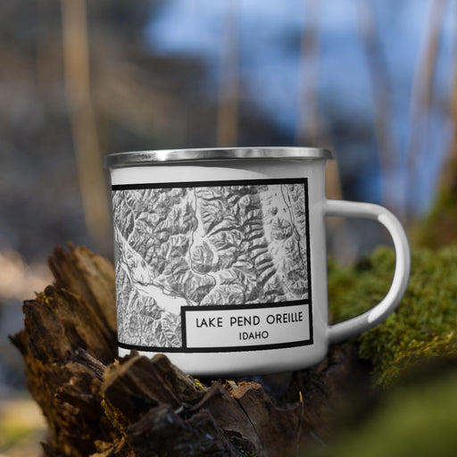 Right View Custom Lake Pend Oreille Idaho Map Enamel Mug in Classic on Grass With Trees in Background