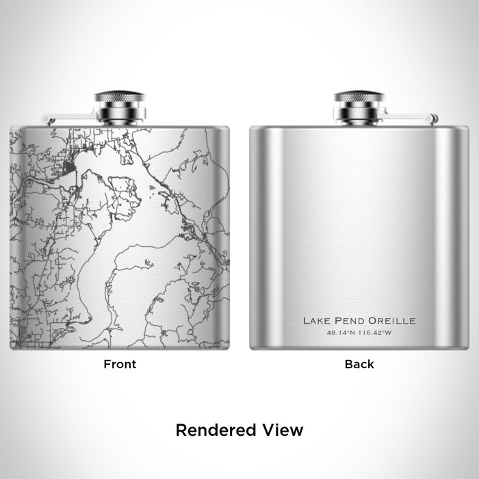 Rendered View of Lake Pend Oreille Idaho Map Engraving on 6oz Stainless Steel Flask