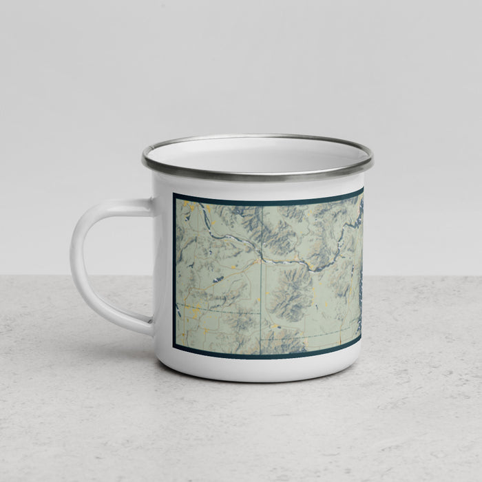 Left View Custom Lake Pend Oreille Idaho Map Enamel Mug in Woodblock