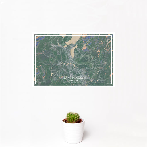 12x18 Lake Placid New York Map Print Landscape Orientation in Afternoon Style With Small Cactus Plant in White Planter