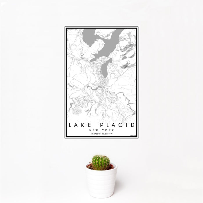 12x18 Lake Placid New York Map Print Portrait Orientation in Classic Style With Small Cactus Plant in White Planter