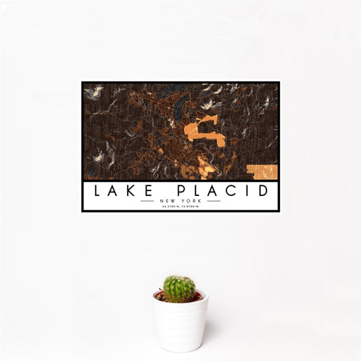 12x18 Lake Placid New York Map Print Landscape Orientation in Ember Style With Small Cactus Plant in White Planter