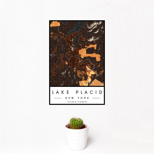 12x18 Lake Placid New York Map Print Portrait Orientation in Ember Style With Small Cactus Plant in White Planter
