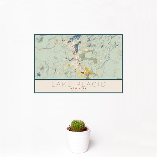12x18 Lake Placid New York Map Print Landscape Orientation in Woodblock Style With Small Cactus Plant in White Planter