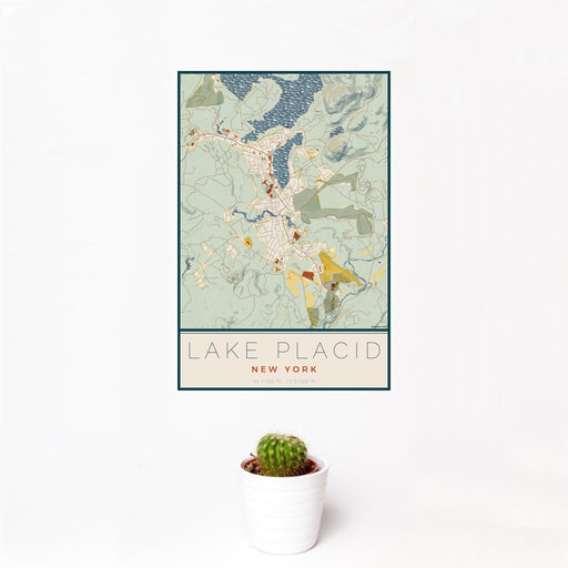 12x18 Lake Placid New York Map Print Portrait Orientation in Woodblock Style With Small Cactus Plant in White Planter