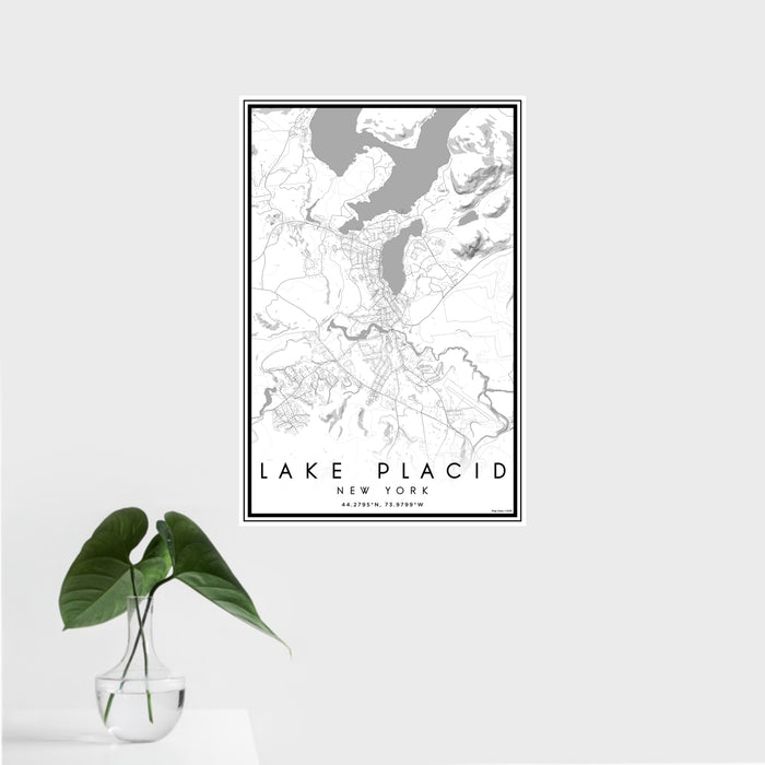 16x24 Lake Placid New York Map Print Portrait Orientation in Classic Style With Tropical Plant Leaves in Water