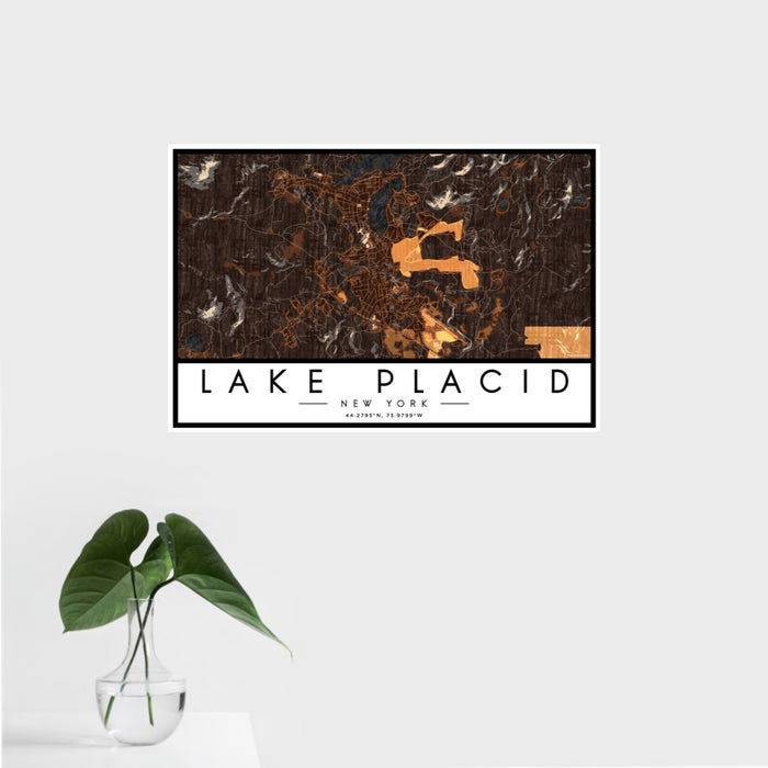 16x24 Lake Placid New York Map Print Landscape Orientation in Ember Style With Tropical Plant Leaves in Water