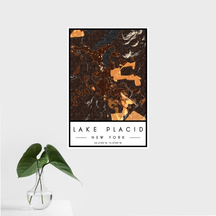 16x24 Lake Placid New York Map Print Portrait Orientation in Ember Style With Tropical Plant Leaves in Water