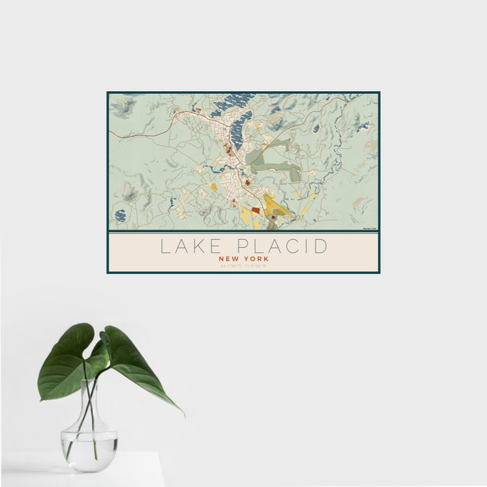 16x24 Lake Placid New York Map Print Landscape Orientation in Woodblock Style With Tropical Plant Leaves in Water