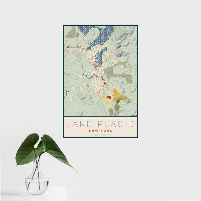 16x24 Lake Placid New York Map Print Portrait Orientation in Woodblock Style With Tropical Plant Leaves in Water