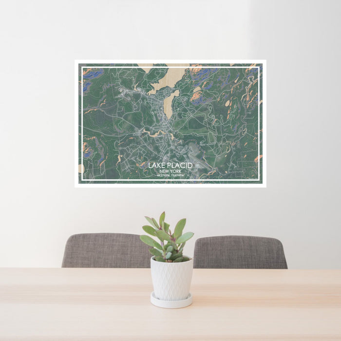 24x36 Lake Placid New York Map Print Lanscape Orientation in Afternoon Style Behind 2 Chairs Table and Potted Plant