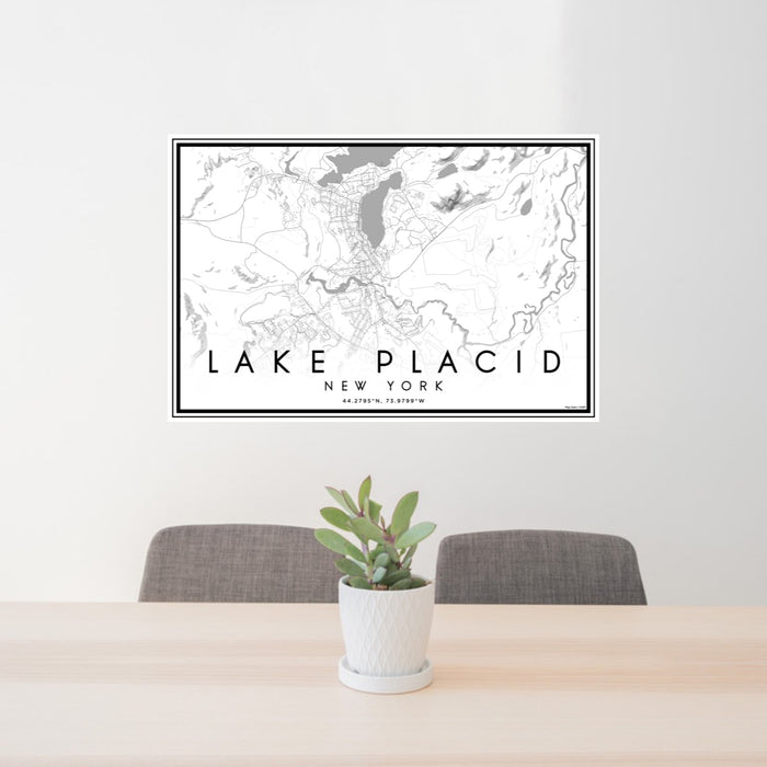 24x36 Lake Placid New York Map Print Lanscape Orientation in Classic Style Behind 2 Chairs Table and Potted Plant