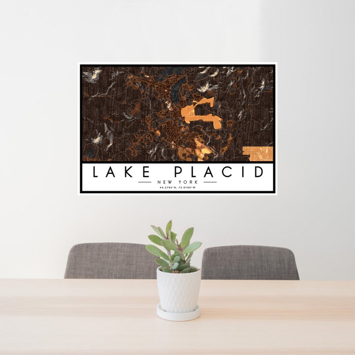 24x36 Lake Placid New York Map Print Lanscape Orientation in Ember Style Behind 2 Chairs Table and Potted Plant