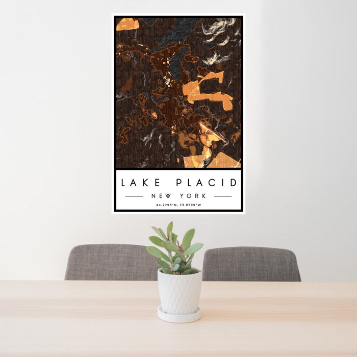 24x36 Lake Placid New York Map Print Portrait Orientation in Ember Style Behind 2 Chairs Table and Potted Plant