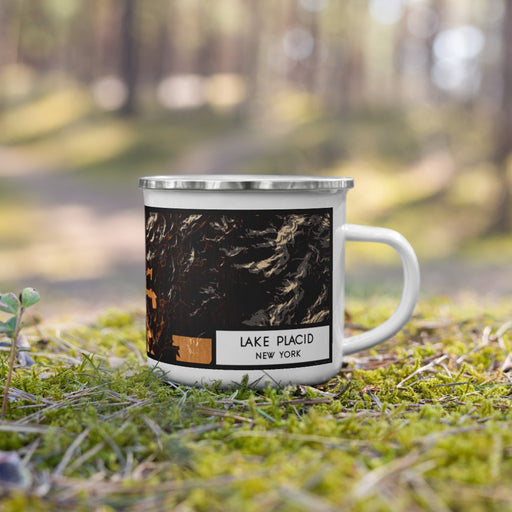 Right View Custom Lake Placid New York Map Enamel Mug in Ember on Grass With Trees in Background