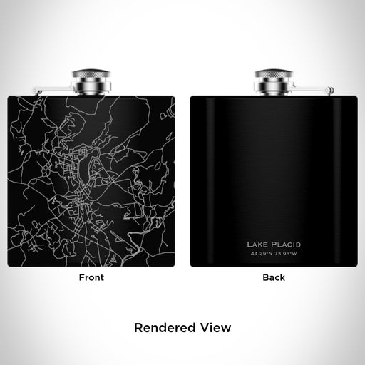 Rendered View of Lake Placid New York Map Engraving on 6oz Stainless Steel Flask in Black