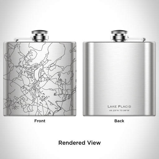 Rendered View of Lake Placid New York Map Engraving on 6oz Stainless Steel Flask