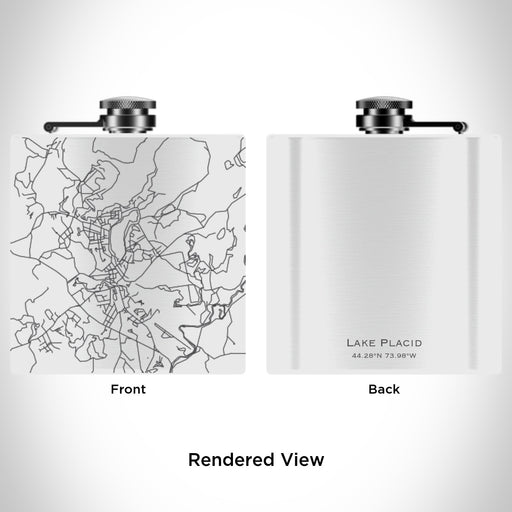 Rendered View of Lake Placid New York Map Engraving on 6oz Stainless Steel Flask in White