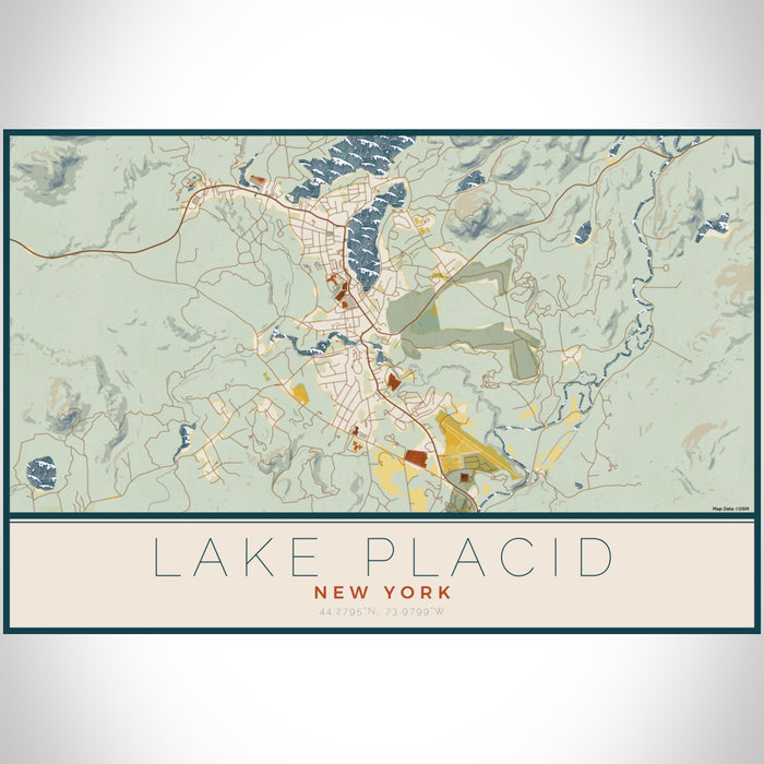 Lake Placid New York Map Print Landscape Orientation in Woodblock Style With Shaded Background