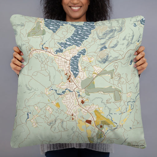 Person holding 22x22 Custom Lake Placid New York Map Throw Pillow in Woodblock