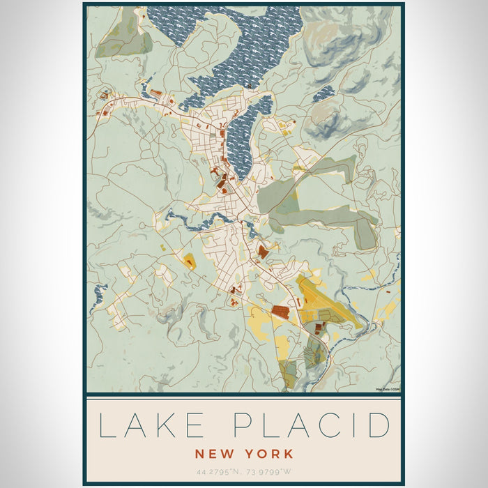 Lake Placid New York Map Print Portrait Orientation in Woodblock Style With Shaded Background