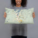 Person holding 20x12 Custom Lake Placid New York Map Throw Pillow in Woodblock