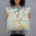 Person holding 18x18 Custom Lake Placid New York Map Throw Pillow in Woodblock