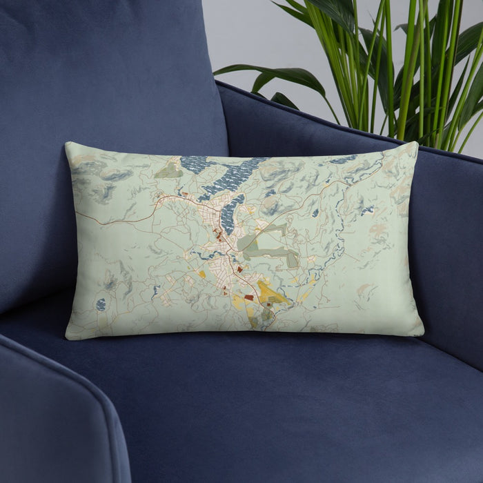 Custom Lake Placid New York Map Throw Pillow in Woodblock on Blue Colored Chair