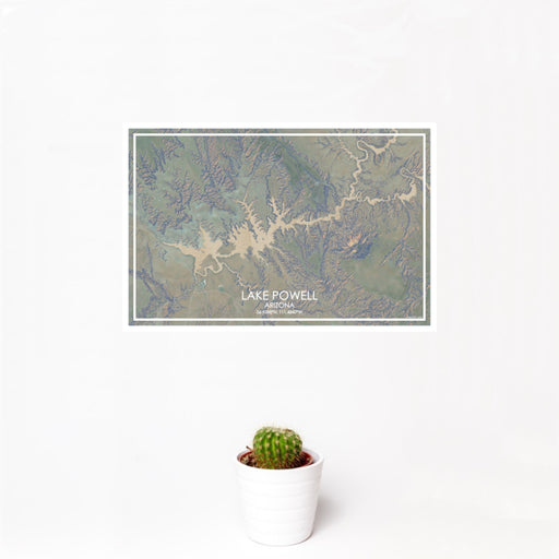 12x18 Lake Powell Arizona Map Print Landscape Orientation in Afternoon Style With Small Cactus Plant in White Planter