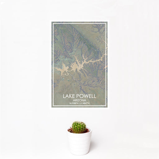 12x18 Lake Powell Arizona Map Print Portrait Orientation in Afternoon Style With Small Cactus Plant in White Planter