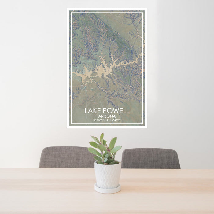 24x36 Lake Powell Arizona Map Print Portrait Orientation in Afternoon Style Behind 2 Chairs Table and Potted Plant