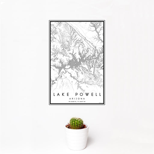 12x18 Lake Powell Arizona Map Print Portrait Orientation in Classic Style With Small Cactus Plant in White Planter