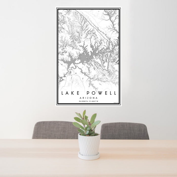 24x36 Lake Powell Arizona Map Print Portrait Orientation in Classic Style Behind 2 Chairs Table and Potted Plant