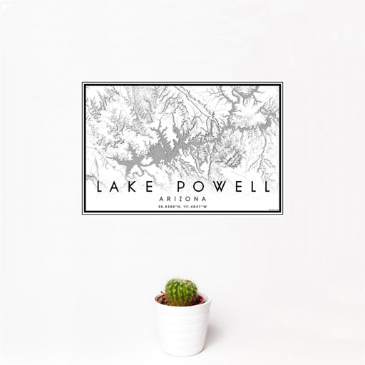 12x18 Lake Powell Arizona Map Print Landscape Orientation in Classic Style With Small Cactus Plant in White Planter