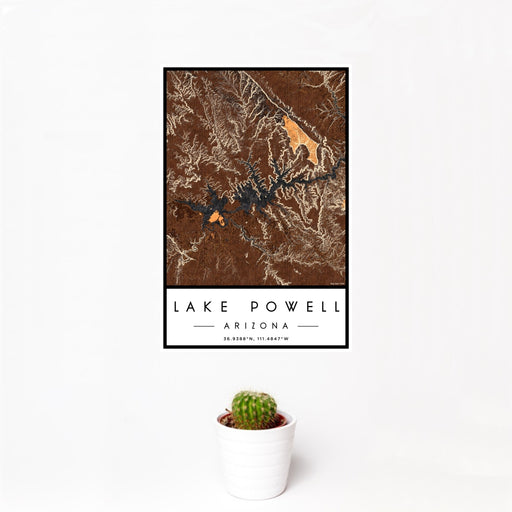 12x18 Lake Powell Arizona Map Print Portrait Orientation in Ember Style With Small Cactus Plant in White Planter