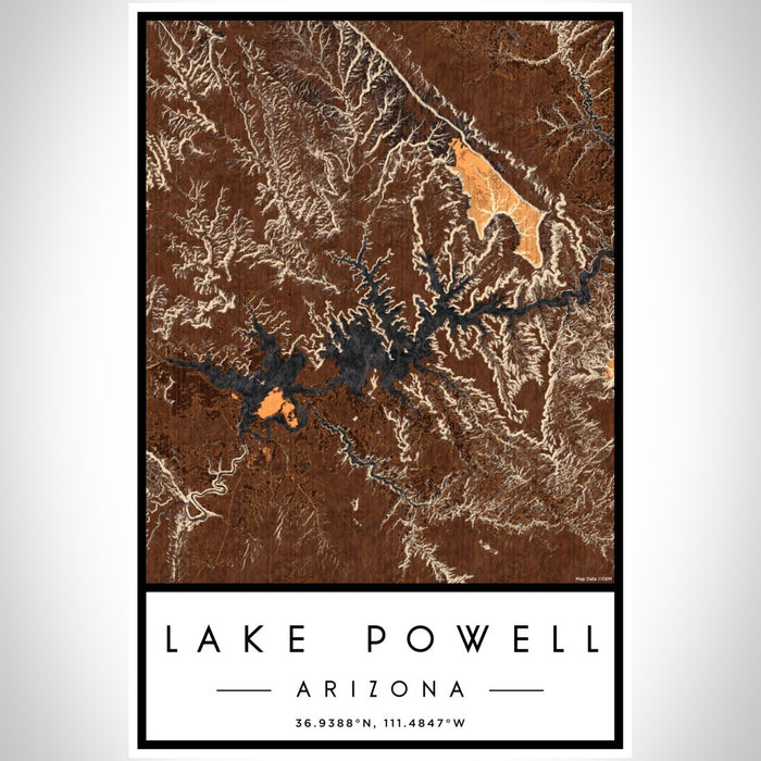 Lake Powell Arizona Map Print Portrait Orientation in Ember Style With Shaded Background