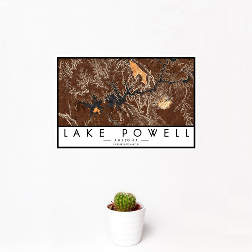 12x18 Lake Powell Arizona Map Print Landscape Orientation in Ember Style With Small Cactus Plant in White Planter