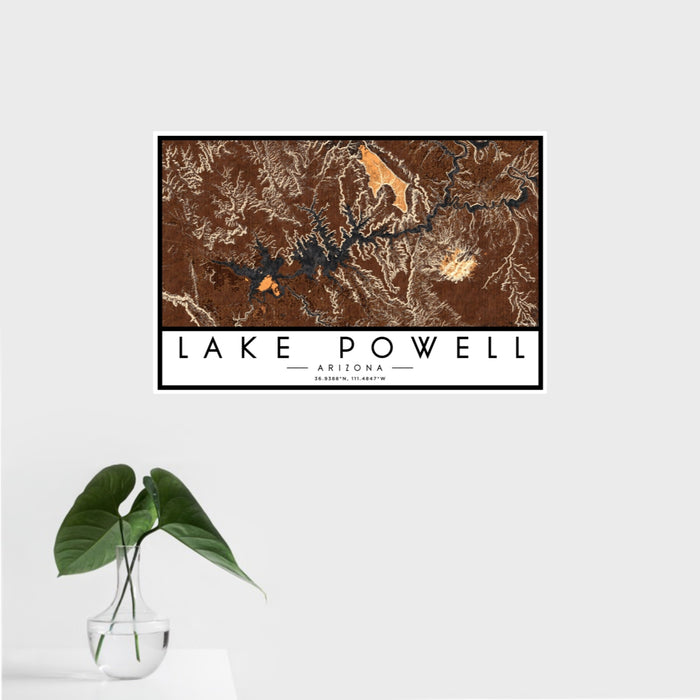 16x24 Lake Powell Arizona Map Print Landscape Orientation in Ember Style With Tropical Plant Leaves in Water