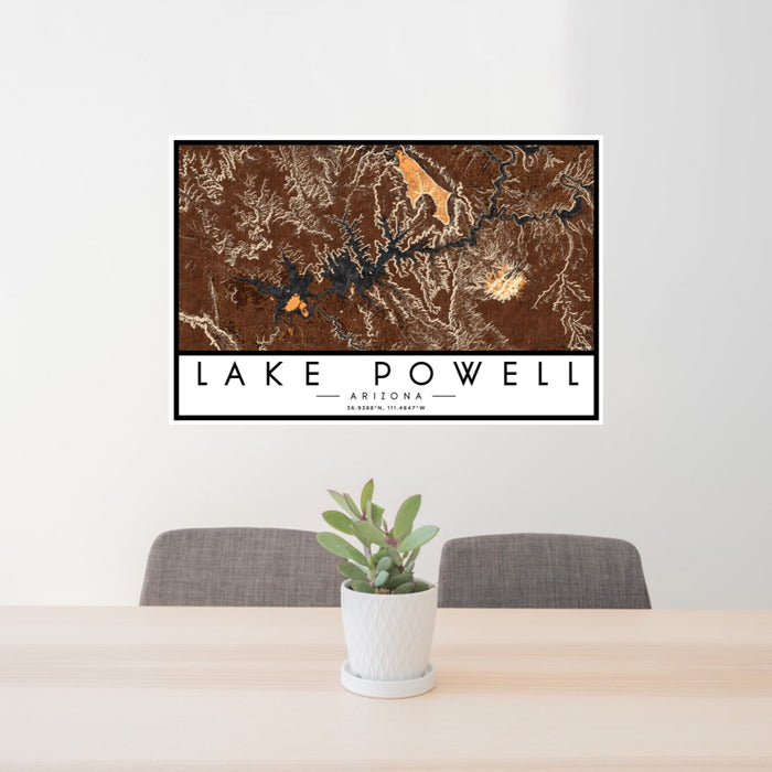 24x36 Lake Powell Arizona Map Print Landscape Orientation in Ember Style Behind 2 Chairs Table and Potted Plant