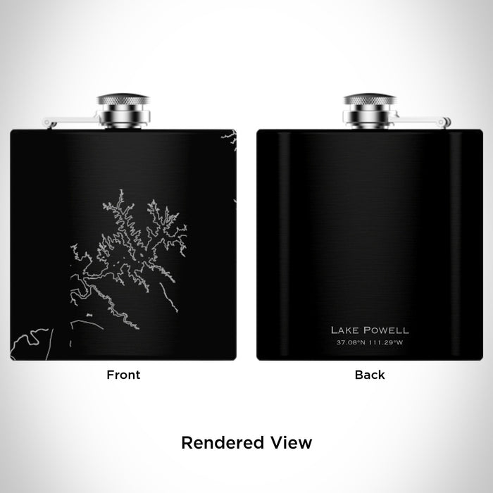Rendered View of Lake Powell Arizona Map Engraving on 6oz Stainless Steel Flask in Black
