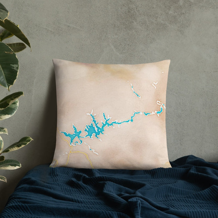 Custom Lake Powell Arizona Map Throw Pillow in Watercolor on Bedding Against Wall